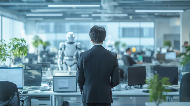 Office worker observes humanoid robot in modern corporate environment during a busy workday