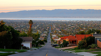 Suburban street descends towards coastal city at sunset, mountains in background; ideal for real estate or travel brochures