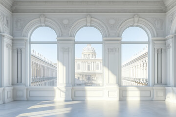 Elegant Classical Style Room Interior with Large Windows and Ornate Architecture