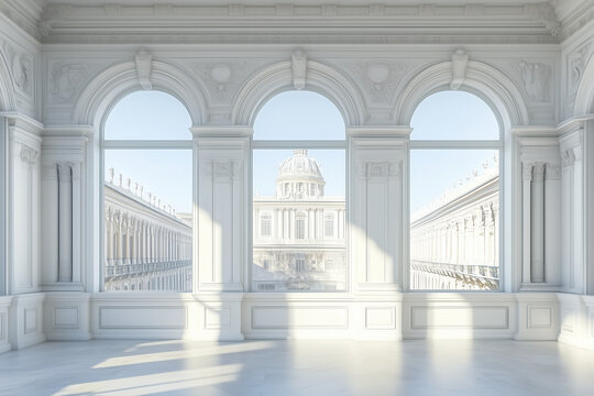 Elegant Classical Style Room Interior with Large Windows and Ornate Architecture