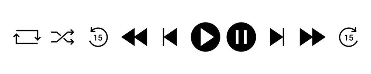 Vector isolated Music Player interface icon set in black color