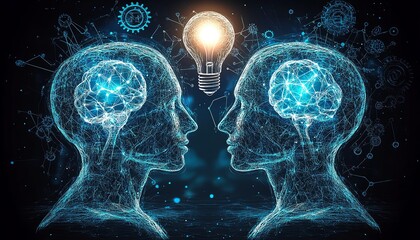 Two light blue human heads connected by complex wires, gears turning inside, and a bright idea bulb above   illustrating the creative exchange of ideas and collective innovation