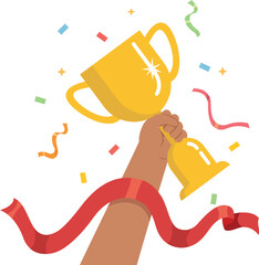 illustration of Winner prize goblet, Hand holding gold trophy cup and medals. Winner trophy award and medal.