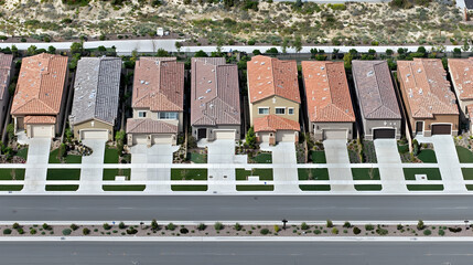 Aerial view of suburban homes, desert landscape background, new development, real estate marketing