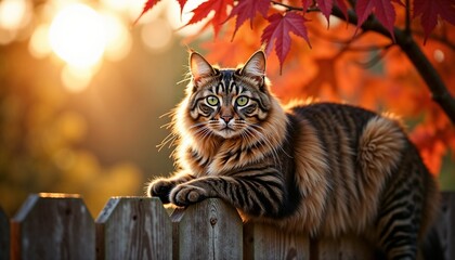Obraz premium Fluffy tabby cat relaxing on a wooden fence during sunset with autumn leaves 