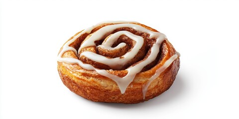 Fototapeta premium Realistic food icon of a freshly baked cinnamon roll with icing drizzle isolated on white background