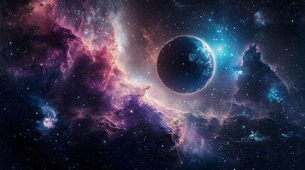 Obraz premium A colorful galaxy with a large, bright blue planet in the center. The planet is surrounded by a cloud of gas and dust, and the stars are scattered throughout the scene