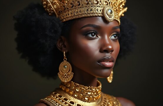 Close-up portrait of beautiful dark-skinned black woman with massive gold necklace. Wears fancy golden headpiece crown. Confident ethnic goddess, glamour, beauty, fashion, jewellery, art, elegance.