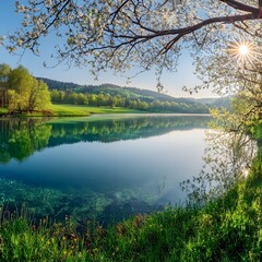 Fototapeta premium A crystal-clear lake reflects the first warm rays of sunlight, surrounded by blossoming trees and lush green meadows. A serene and vibrant spring scene. 