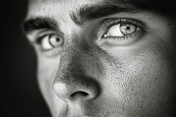 Fototapeta premium Close-up Portrait of a Person With Striking Eyes and Freckles in Artistic Monochrome Style