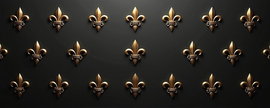 Gold fleur-de-lis ornaments seamless pattern on black backdrop. Elegant royal lilies, french heraldic symbol. Use for vintage wallpaper, textile prints, gifts wrapping, art deco decor.