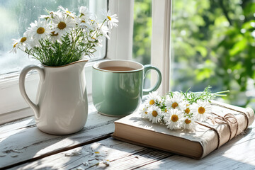 Still life with daisies, book, and warm beverage.
