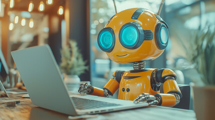 Cute yellow robot working on a laptop in a modern workspace filled with plants and natural light