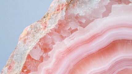 Obraz premium Close-up of a piece of rock with a pink and white striped pattern. the rock appears to be made up of small, irregularly shaped crystals that are arranged in a way that creates a wave-like effect.
