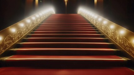 Obraz premium A red carpet with a staircase leading up to it. The staircase is lit up and the carpet is shiny