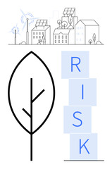 Renewable energy cityscape with solar panels, wind turbines, minimalistic leaf, and stacked RISK blocks. Ideal for sustainability, green energy, climate change, eco solutions, risk assessment future