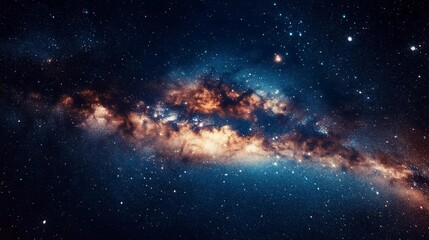 A starry sky with a bright orange and blue galaxy. The galaxy is full of stars and is very bright