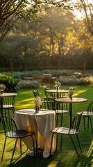 Obraz premium Tables set for event outdoors, green lawn, trees, light, possible for party