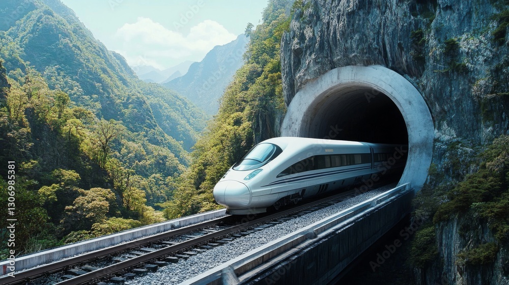Aufkleber a bullet train entering a tunnel carved into a mountain, showcasing advanced railway engineering.