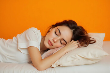 Fototapeta premium Young woman sleeping on soft mattress against orange background