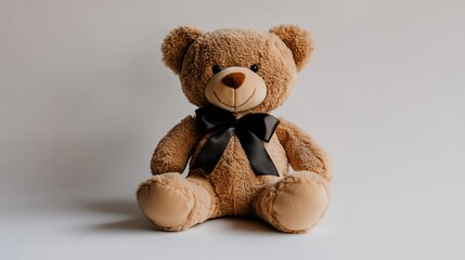 Obraz premium Teddy bear with black bow sits alone on white surface for gift, toy, or decor
