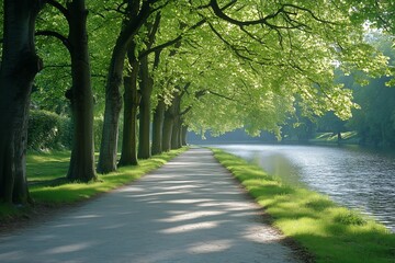 Obraz premium Pathway Lined With Lush Trees Beside a Calm River in a Tranquil Green Park During Daylight Hours