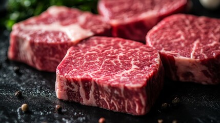 Fototapeta premium A close-up of marbled Wagyu beef steaks, highlighting their rich texture and quality.