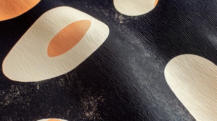 Close-up of a black surface with a pattern of orange and white circles. the circles are arranged in a diagonal line, with the largest circle in the center and the smaller ones on either side.