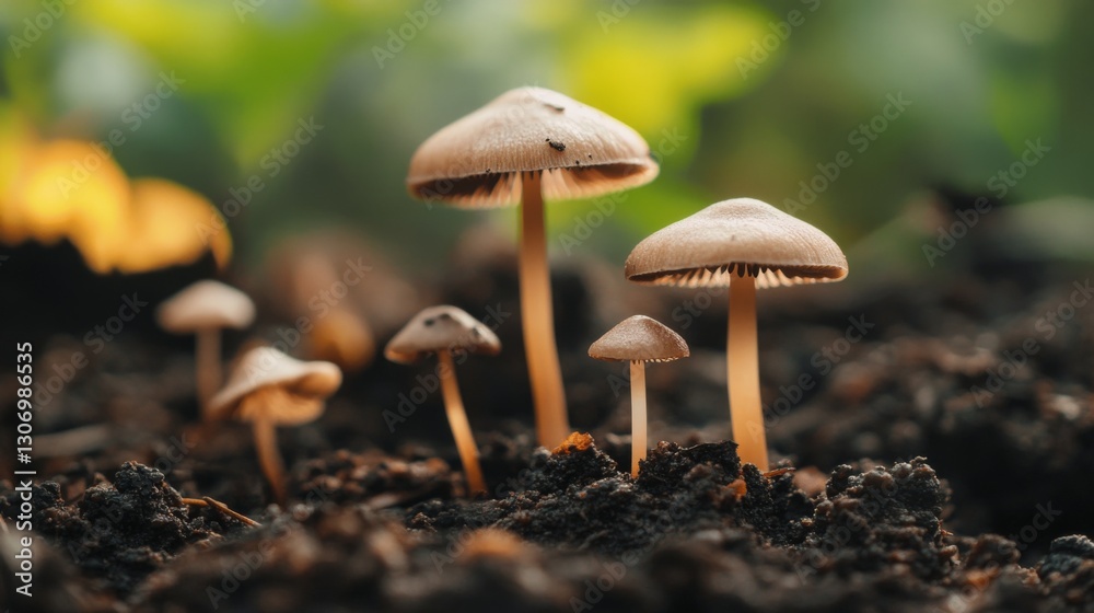 Poster a close-up of tiny mushrooms emerging from rich, dark soil in a shaded forest.