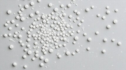Fototapeta premium A scattering of small white pills on a neutral gray background, simple and clean, ultra-detailed, 8k