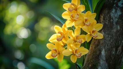 Fototapeta premium A cluster of yellow orchids blooming on a tree, blending harmoniously with nature.
