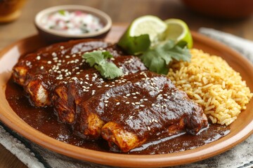 Rich, dark brown gravy envelops succulent meat speckled with sesame seeds on a rustic brown plate, capturing an inviting close-up feast