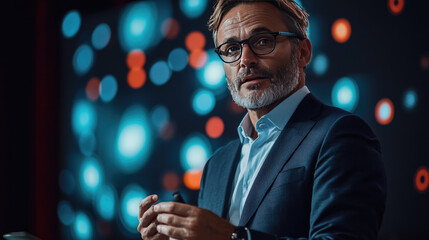 CEO presenting innovative ideas using holographic screens at a technology conference, engaging the audience with futuristic business solutions and digital advancements. Copy space