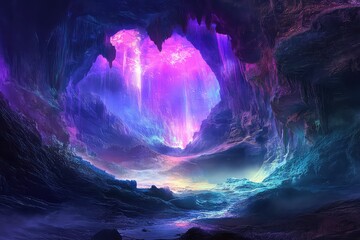 A captivating cave bathed in soft, multicolored ambient light.
