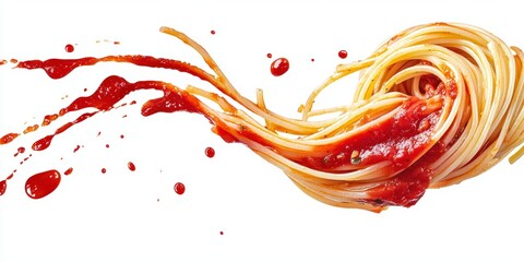 Spaghetti with marinara sauce swirling in the air with sauce splashes isolated on white background