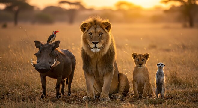 Lion, lion cub, meerkat, warthog and red-billed hornbill at African savanna
