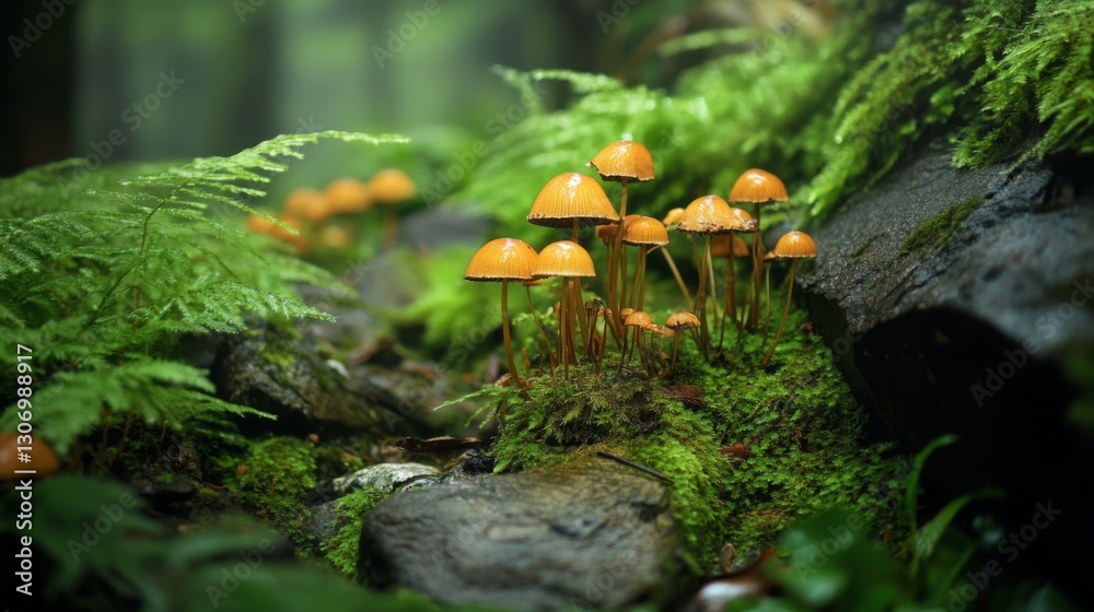 Poster a hidden forest spot where mushrooms are emerging between rocks and ferns.