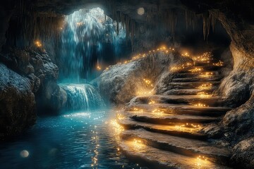 A cave pathway leading to an underground waterfall with shimmering lights.
