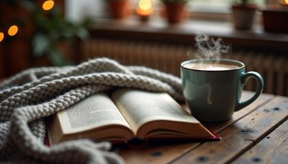 A book, a cozy blanket, and a steaming mug of cocoa on a wooden table, copy space