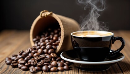 Dark roasted coffee beans spilling next to a steaming espresso cup, copy space