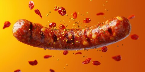 Spicy chorizo sausage with chili flakes bursting mid-air on a bold orange background