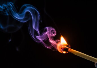 Burning Matchstick Swirling Purple Blue Smoke. AI Generated