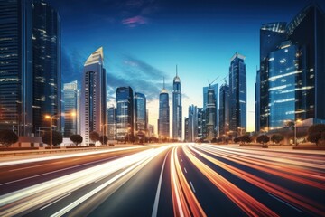 Road in city with skyscrapers infrastructure architecture metropolis.