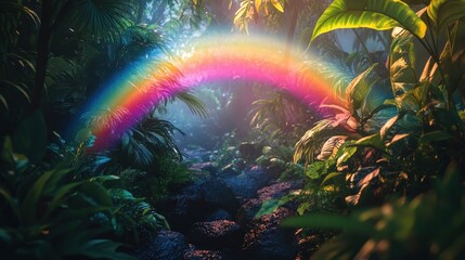 A vibrant rainbow arcs through a lush green forest, its spectrum from red to purple illuminating the verdant canopy with vivid hues
