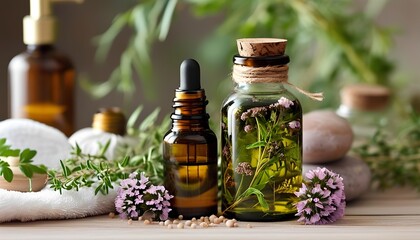 Essential oil bottles herbal infusion natural aesthetics cozy interior close-up view wellness concept