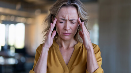 Close-up of woman in yellow blouse, eyes closed, hands on temples, expressing stress or headache.  Represents feelings of pain, tension, and overwhelm.