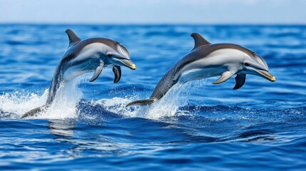 A pair of dolphins gracefully synchronized as they leap out of the ocean together.