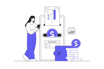 Mobile banking concept. Сurrency exchange in a virtual wallet. Woman makes financial transactions and manages account, digital wallet in app. Flat Cartoon Vector Illustration, icon. Stylish abstract 
