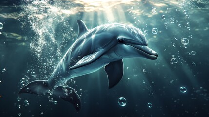 Naklejka premium A playful dolphin blowing bubbles underwater, creating a mesmerizing scene.
