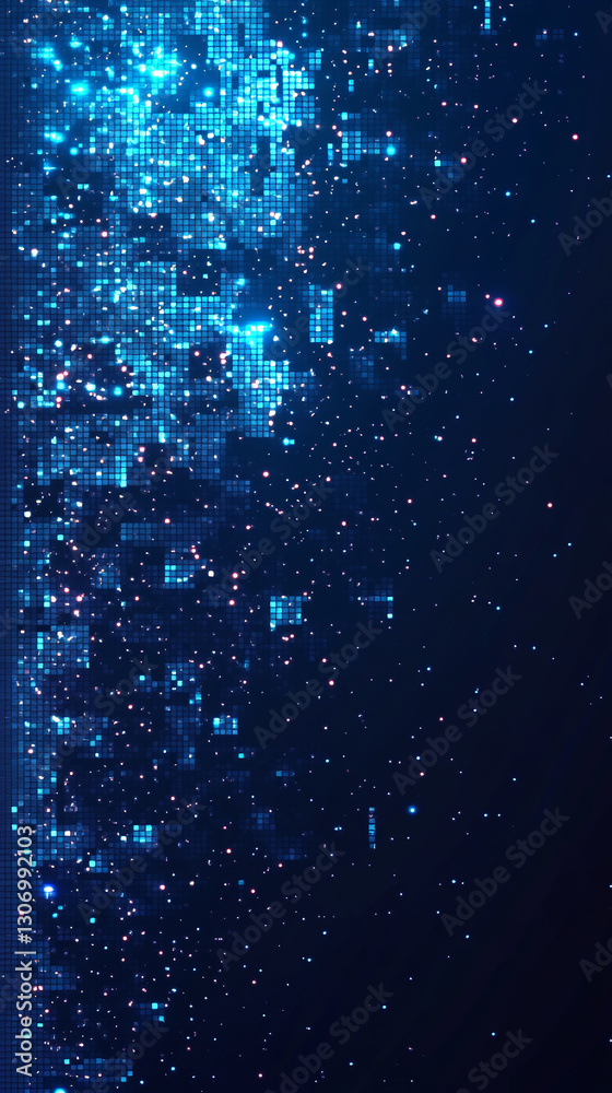 Poster Abstract blue pixelated texture with glowing particles, creating a digital, energetic atmosphere suitable for technology or futuristic themes